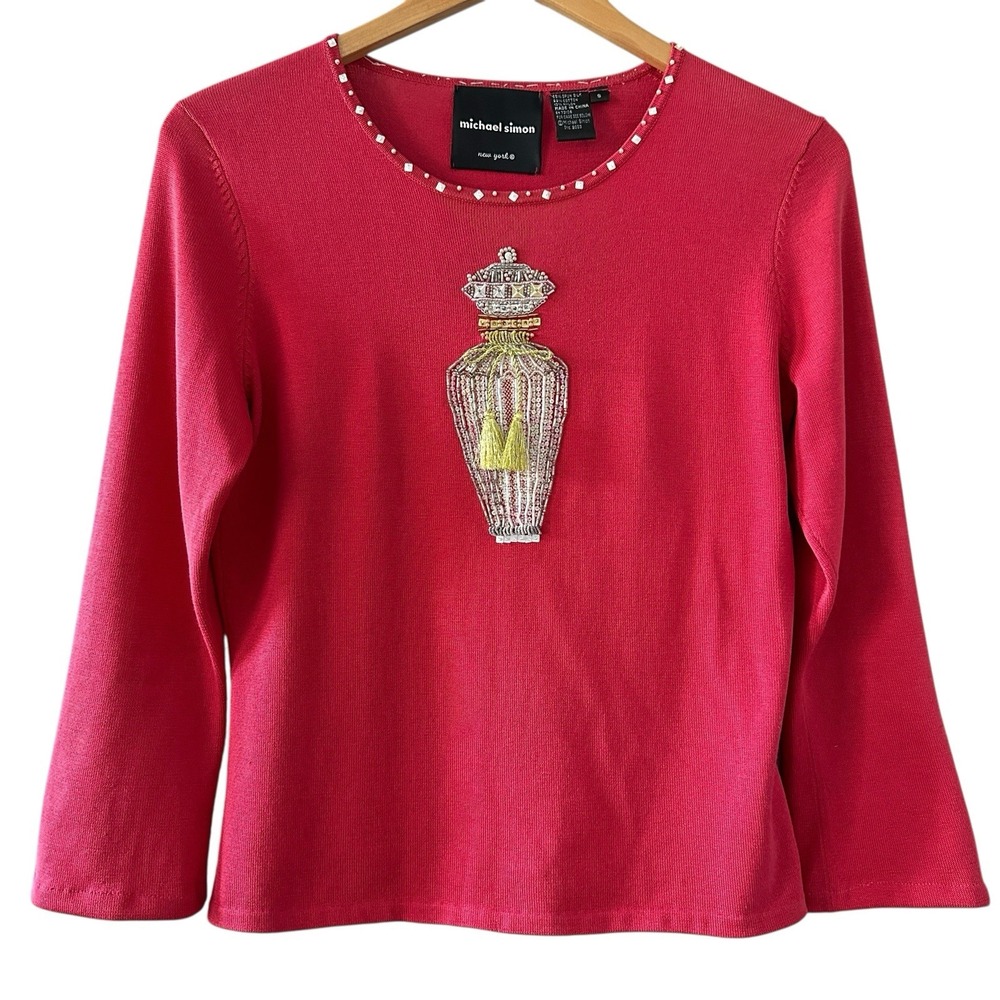 Michael Simon Red Silk Sweater S Perfume Beaded Knit Y2K Whimsical Statement Top